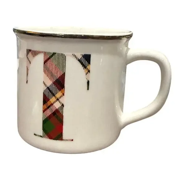 Pottery Barn Stewart Plaid Coffee Tea Mug Letter T Monogram 16oz Ceramic Holiday - Picture 3 of 7